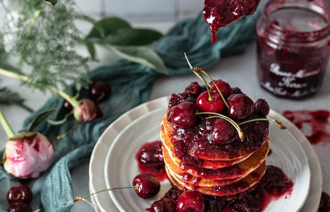 Pancakes topped with fruit filling